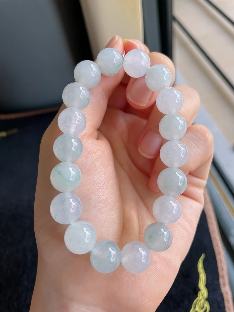 天然翡翠A货冰润飘花飘绿灵动圆珠手串手链卡10.5mm2-502缅甸玉石