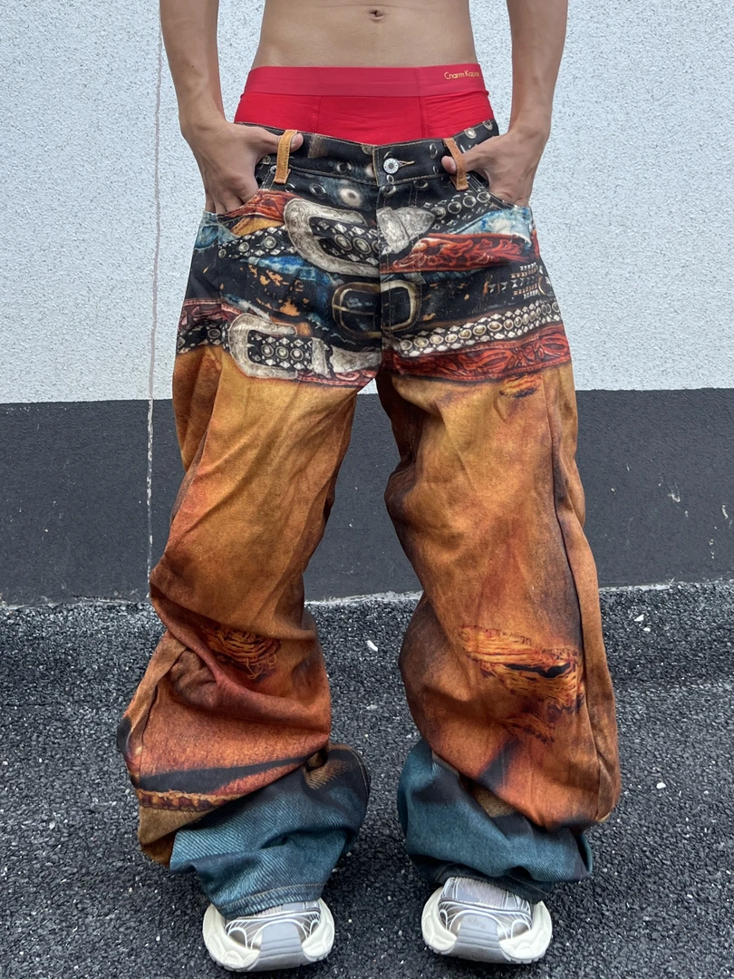 YIZILINGF 美式街头小众3D打印腰带弯刀牛仔裤男女同款个性长裤