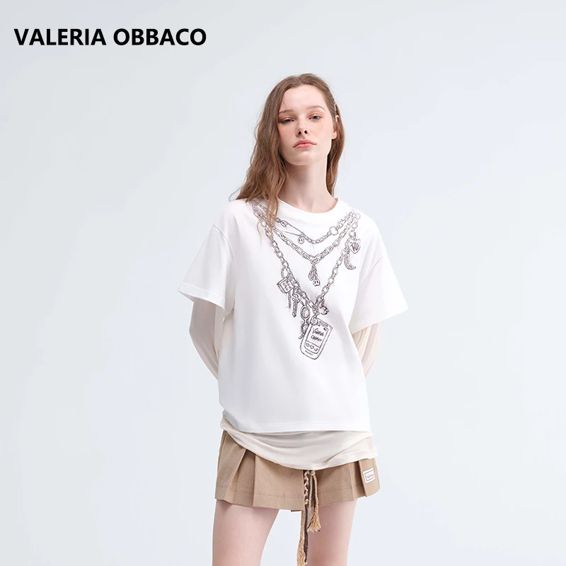 VALERIAOBBACO/瓦莱丽娅 奥贝科复古手机印花拼色长袖T恤