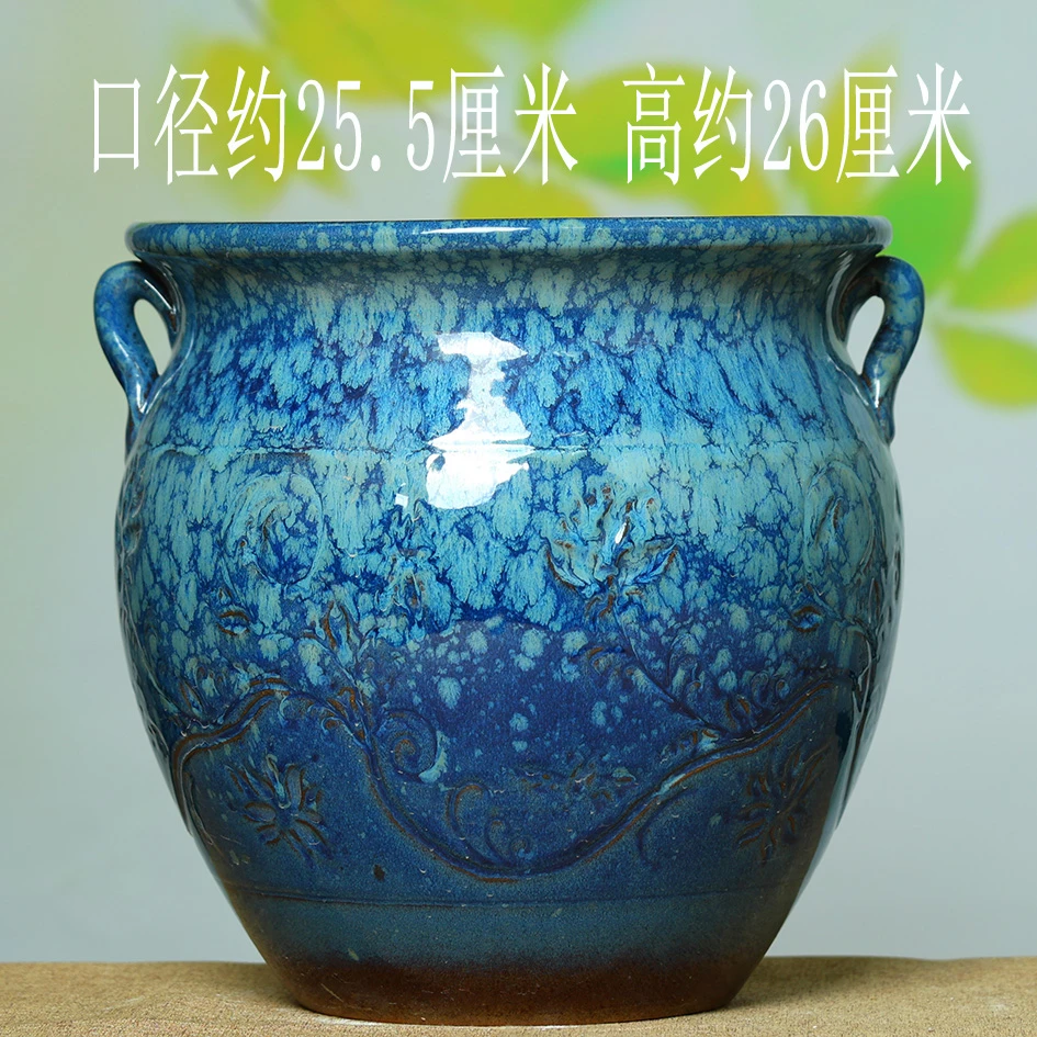宜兴浮雕双耳大口径花盆手工粗陶多肉绿植透气陶盆多肉老桩法师