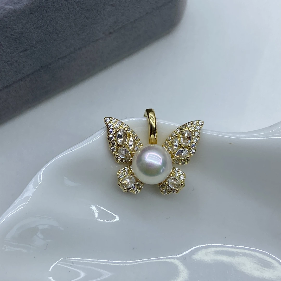 琪心海水akoya樱花粉色珍珠蝴蝶可掰扣吊坠7-8