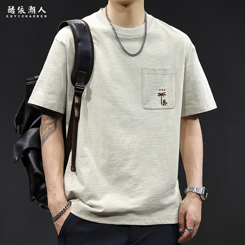 竹节棉短袖t恤男夏季2025新款大码高端潮牌美式复古休闲口袋体恤