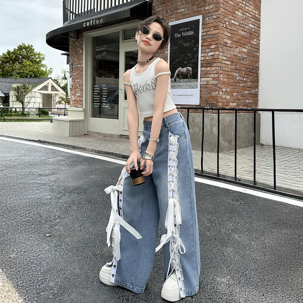 夏季薄款潮酷春夏破洞中腰独特洋气时髦童装百搭女童夏装套装宽松