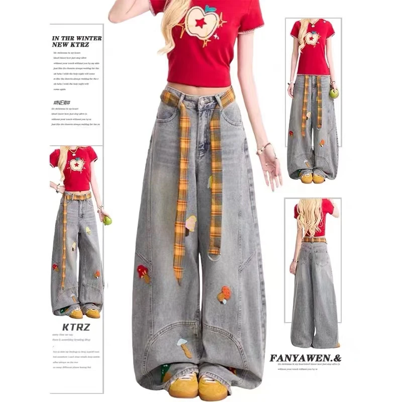 美式复古高街弯刀牛仔裤卡通毛巾绣宽松秋季新款高腰设计感阔腿裤