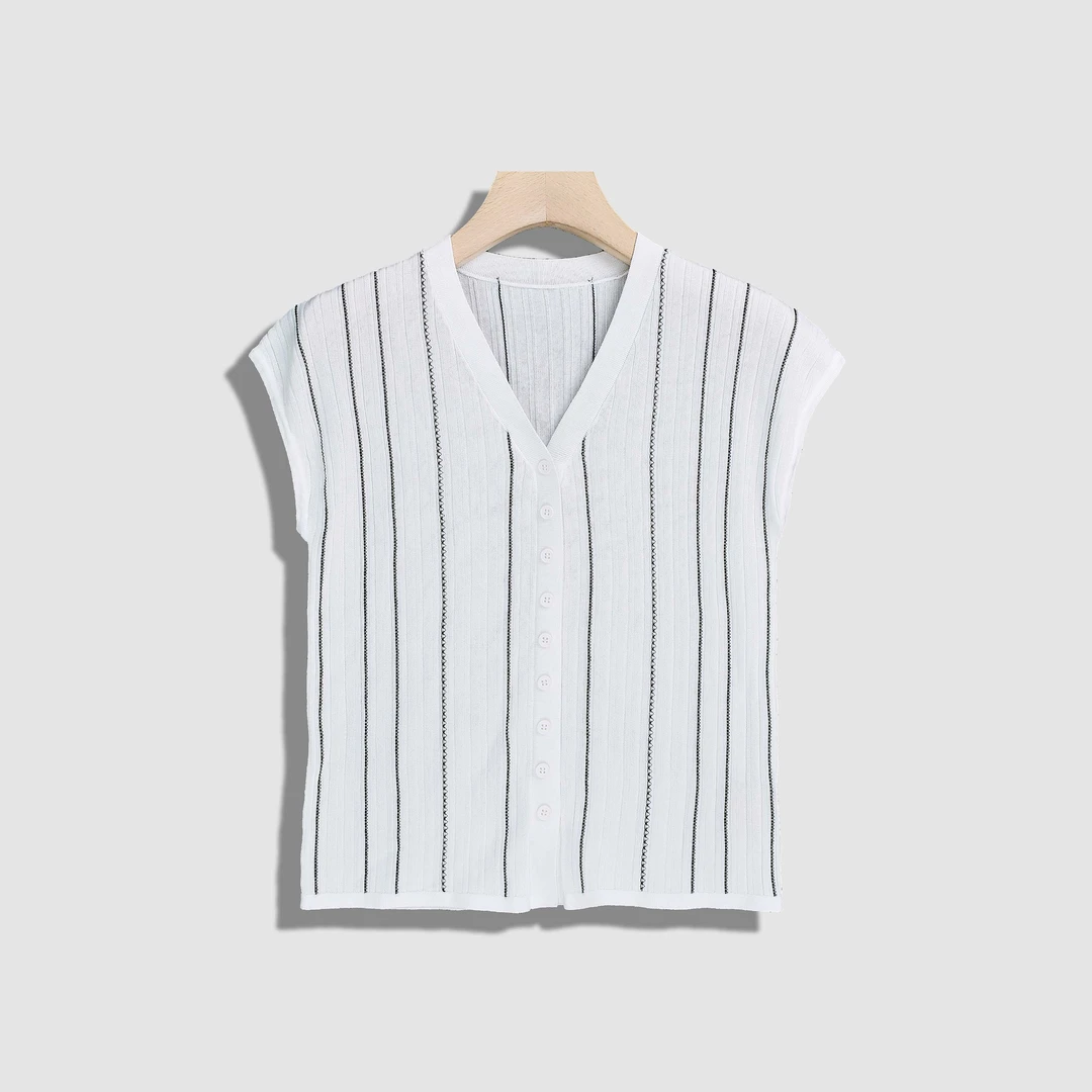 【菲儿】时尚百搭V领无袖条纹针织上衣-Y17559