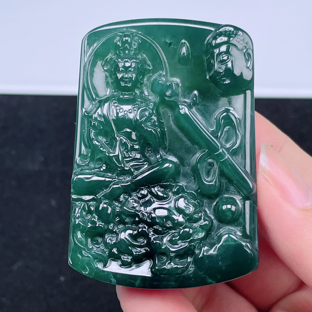 V055天然翡翠A货文殊吊坠文殊菩萨智慧蓝水冰润精雕守护神翡翠色