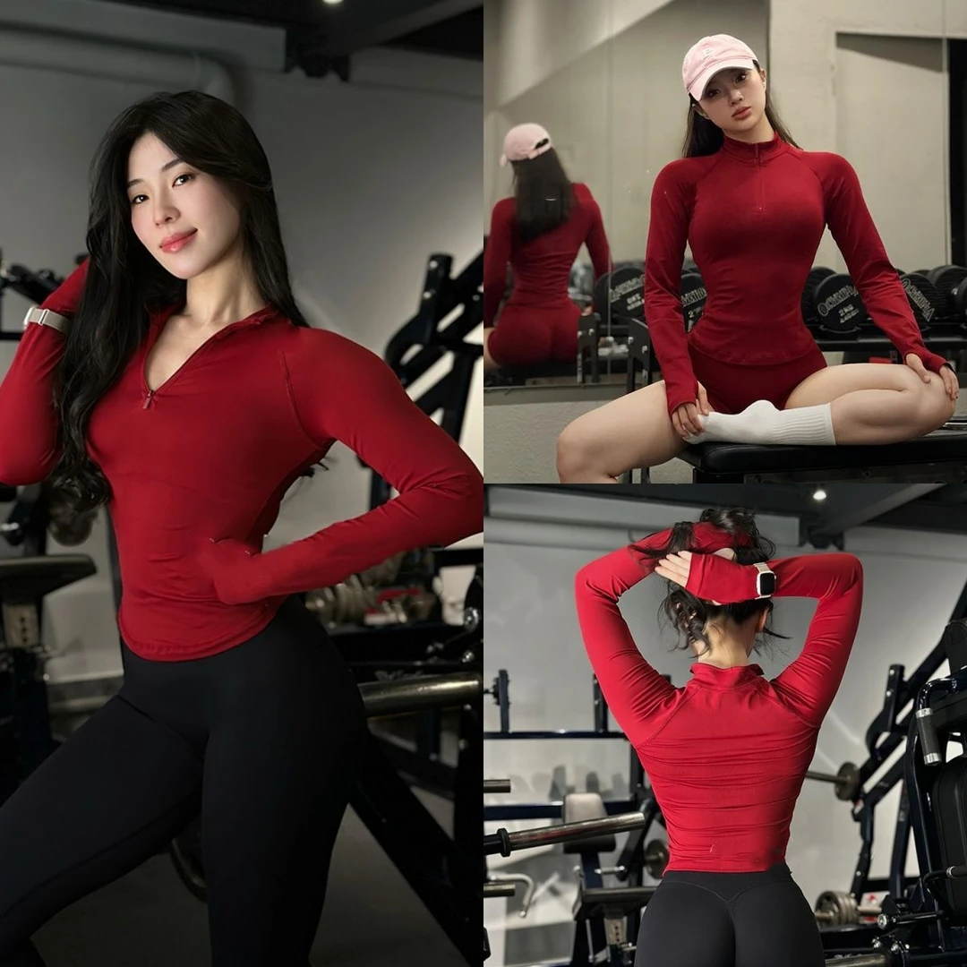 安可拉红瑜伽服外套女半拉链立领修身显瘦健身服户外骑行女秋冬