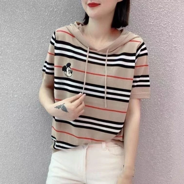 夏季新款宽松短袖薄款条纹针织衫连帽卫衣大码女装M至XL