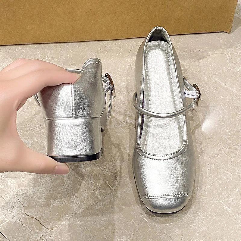 内外增高7CM~新款法式百搭银色玛丽珍女鞋浅口单鞋方头芭蕾鞋