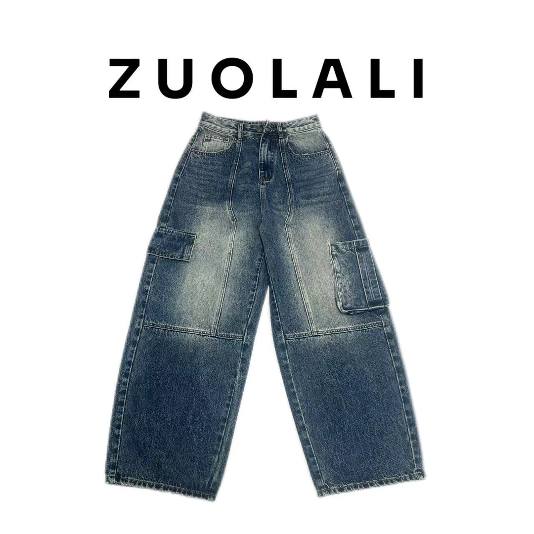 ZUOLALI/左拉励【都市女王】秋水洗工装多口袋设计-高腰弯刀堆堆裤