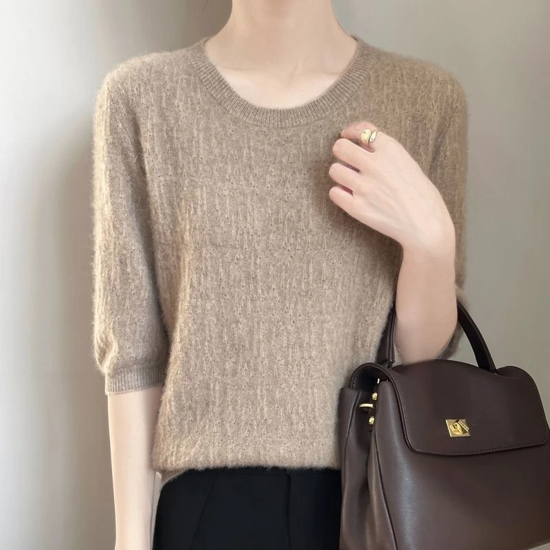 【热卖】25爆款安迪绒圆领欧货小衫上衣洋气中袖针织衫薄款短袖