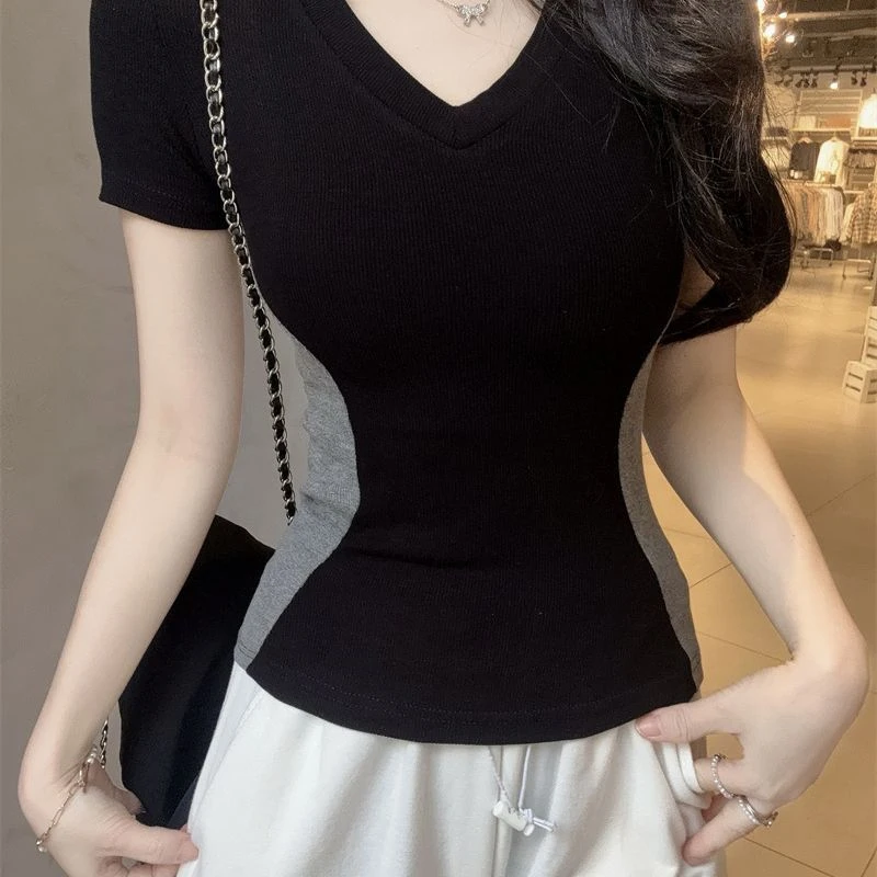2025年新款螺纹V领拼色短袖t恤女春夏修身低领打底衫内搭收腰上衣