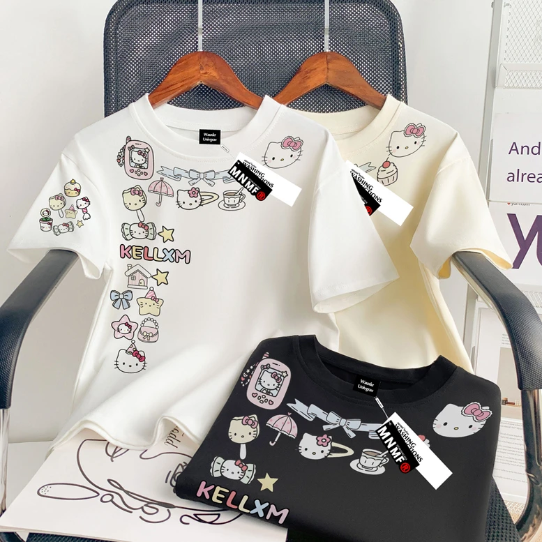 女童纯棉短袖t恤夏季新款卡通Kitty猫设计感中大童宽松百搭上衣服
