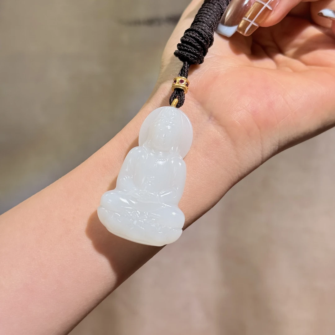 高品质白玉净瓶观音手工雕刻挂件男女款50*30*12mm