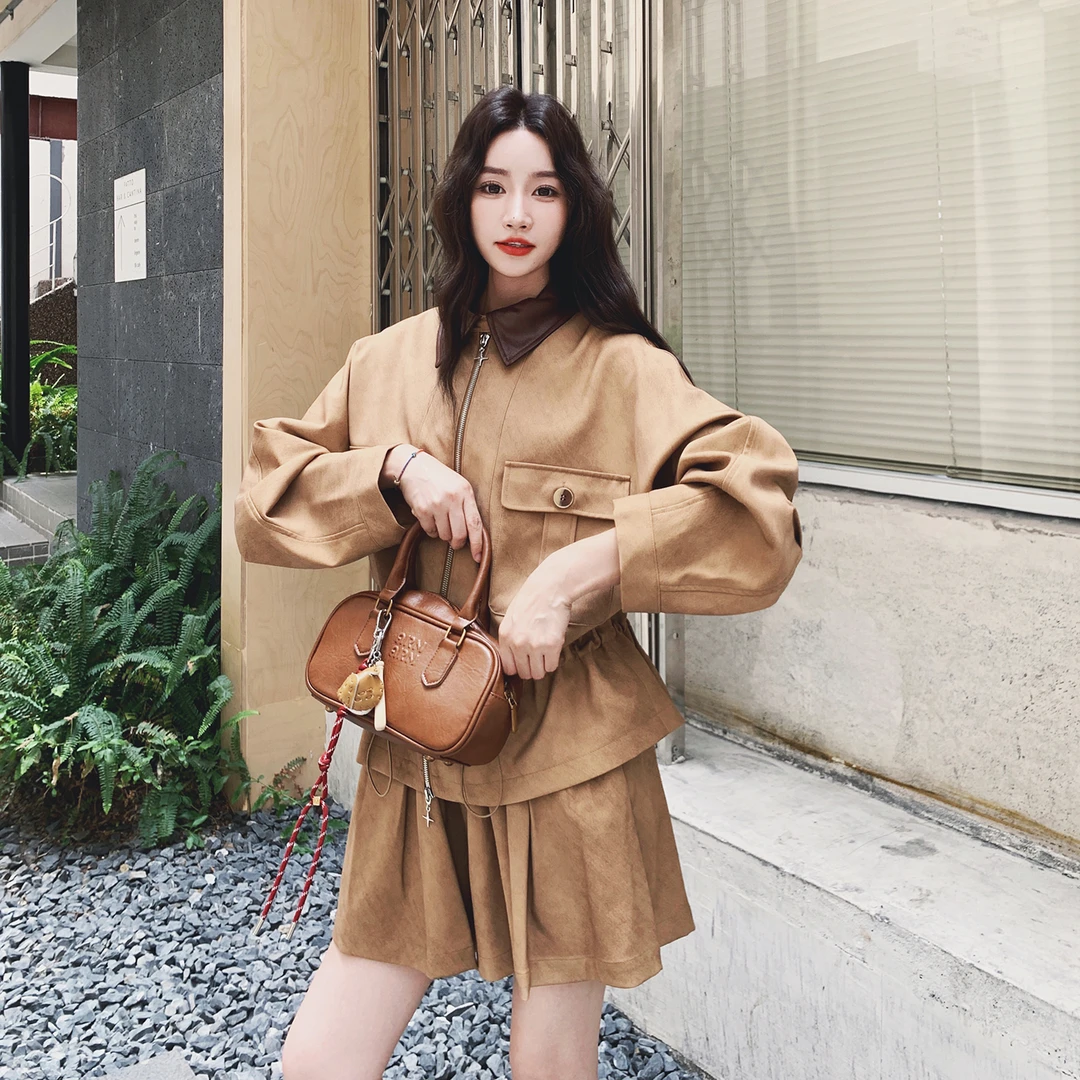 美拉德撞色翻领工装外套百褶裙套装女早秋小个子两件套爆款高级感
