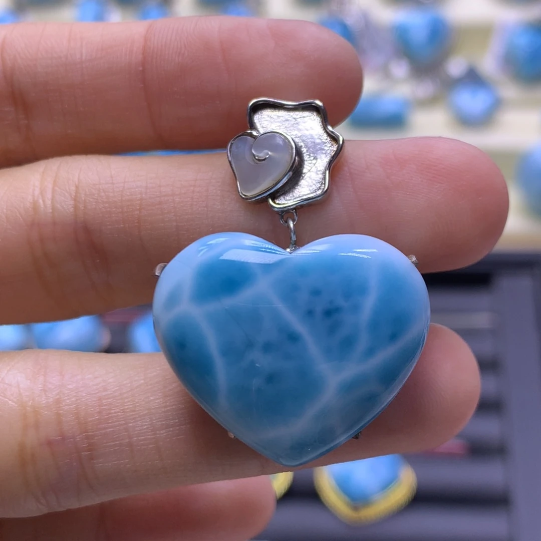 针钠钙石（海纹石）银S925镶嵌吊坠(不含链)爱心吊坠色差略异