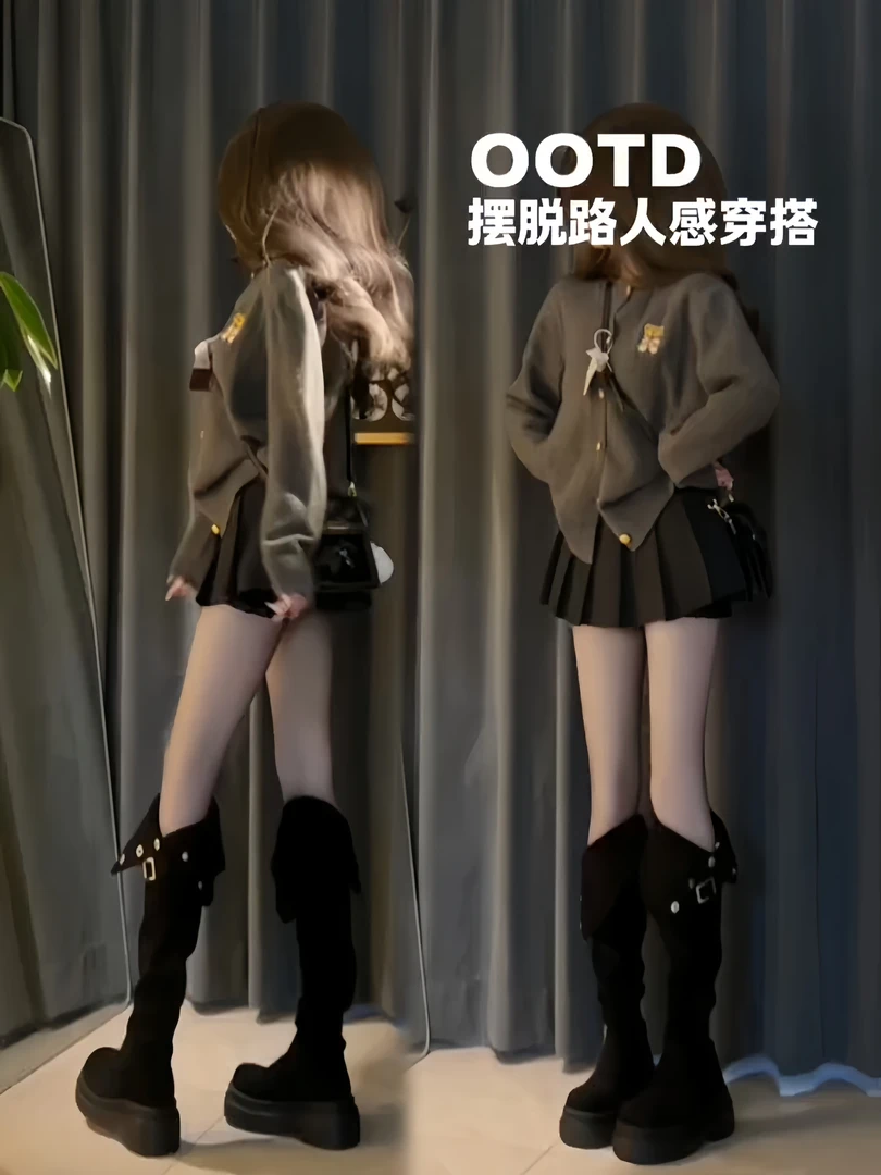 韩系慵懒学院风短款灰色刺绣针织开衫女秋季新款毛呢百褶裙两件套