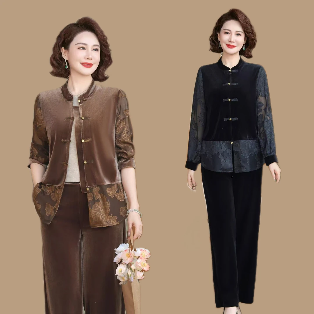 中老年女秋装新中式金丝绒套装2025新款妈妈装春秋高贵上衣两件套