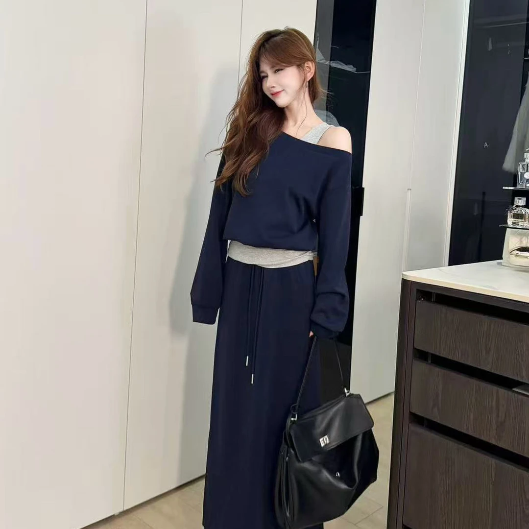 【时髦旅人】通勤气质斜肩拼接假两件➕高腰垂感开叉显瘦半身裙套装