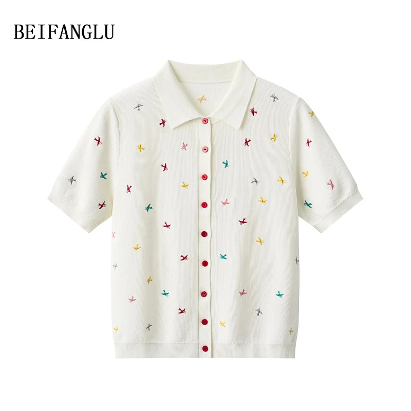 北方鹿【重工刺绣小飞燕】莱赛尔棉桑蚕丝气质POLO领针织短袖251108