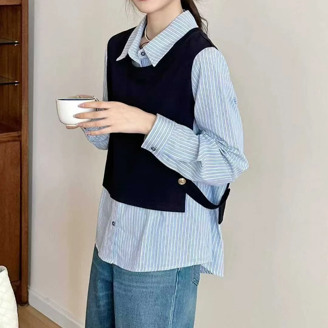 假两件条纹衬衫女长袖2025秋季新款针织拼接衬衣小衫上衣2508