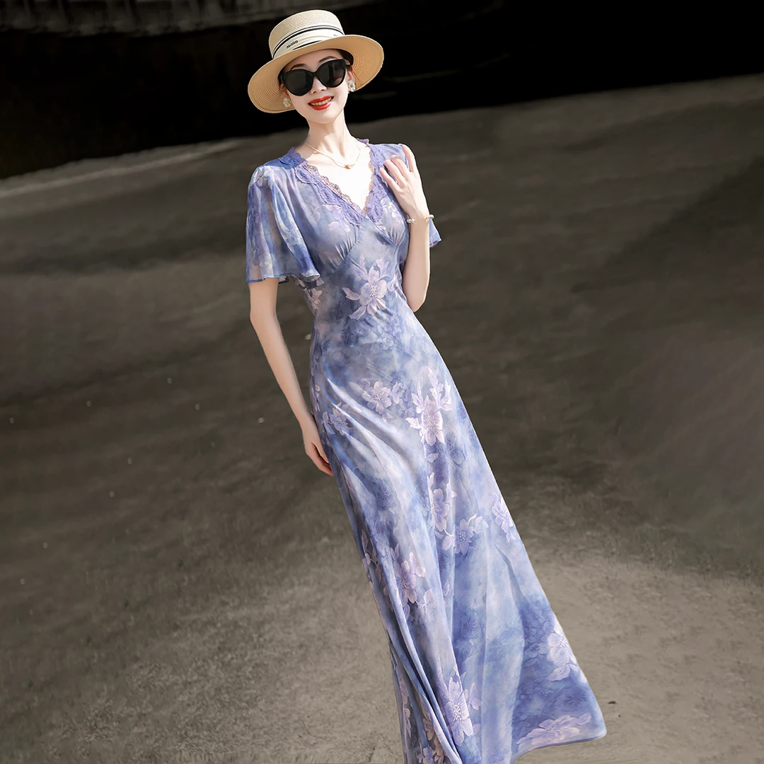 兰瑟儿夏季裙子新款气质蕾丝拼接绑带收腰碎花连衣裙105XL3088