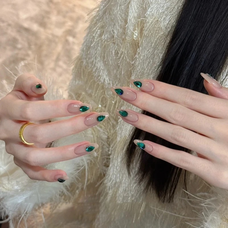 蓝色小饰品祖母绿宝石美甲穿戴甲中长款多巴胺夏日绿色裸色冰透