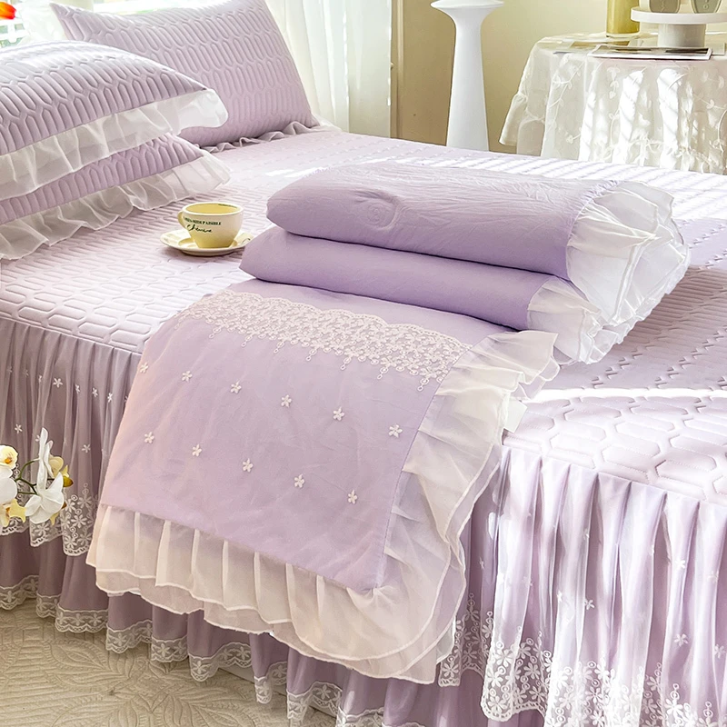 夏季公主风冰丝乳胶凉席夏凉被四件套纯色紫色蕾丝花边空调被丝滑