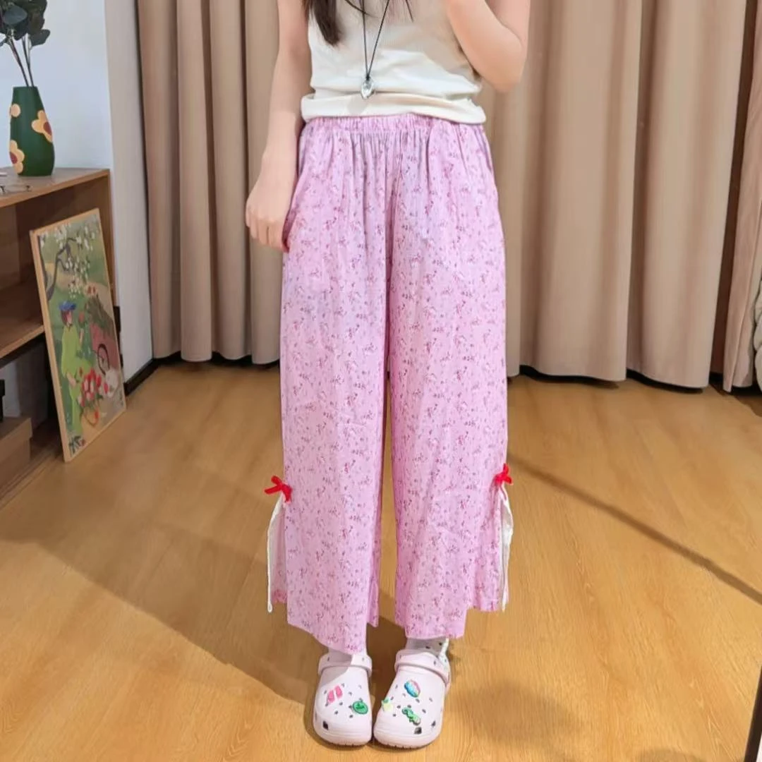 83120余小鱼【碎花家居裤】两色松紧腰裤脚开叉蝴蝶结家居裤女装