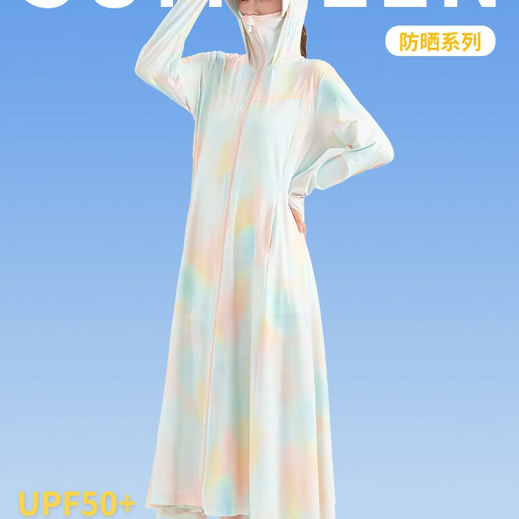 日本DB防晒衣女夏新款防紫外线冰丝连衣裙彩色印花长款防晒服长裙
