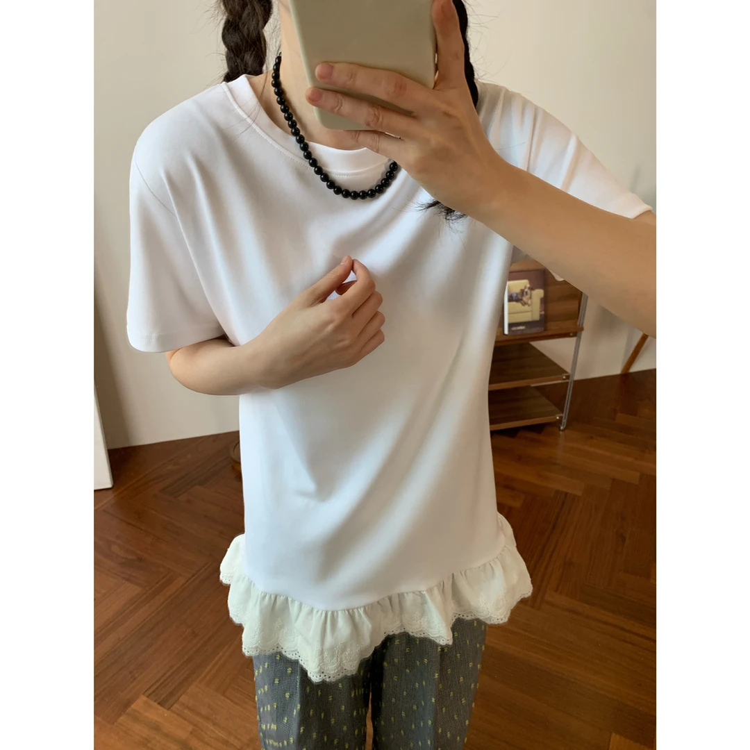韩系蕾丝拼接下摆气质简约短袖女夏季新款百搭圆领显瘦上衣T恤潮