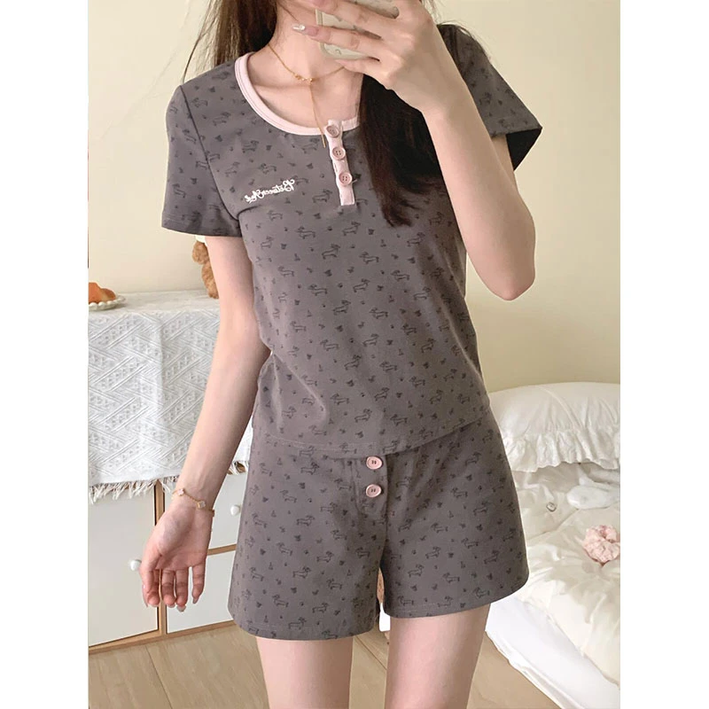 奶灰·网红风设计感小狗印花短袖睡衣夏天休闲套装女可外穿家居服