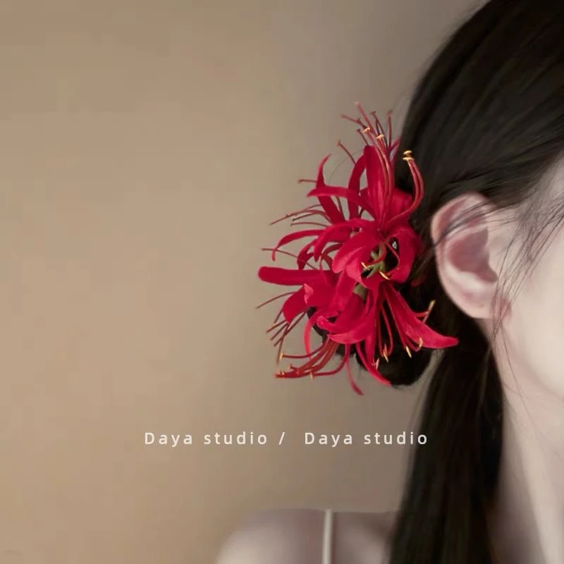 彼岸花开 敲出片超仙仿真花朵发夹 小众设计曼珠沙华侧边夹新中式