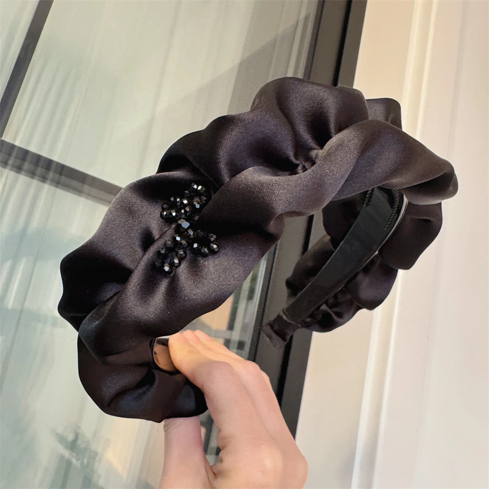 高级感缎面褶皱宽边发箍防滑带齿高颅顶头箍网红气质发饰批发