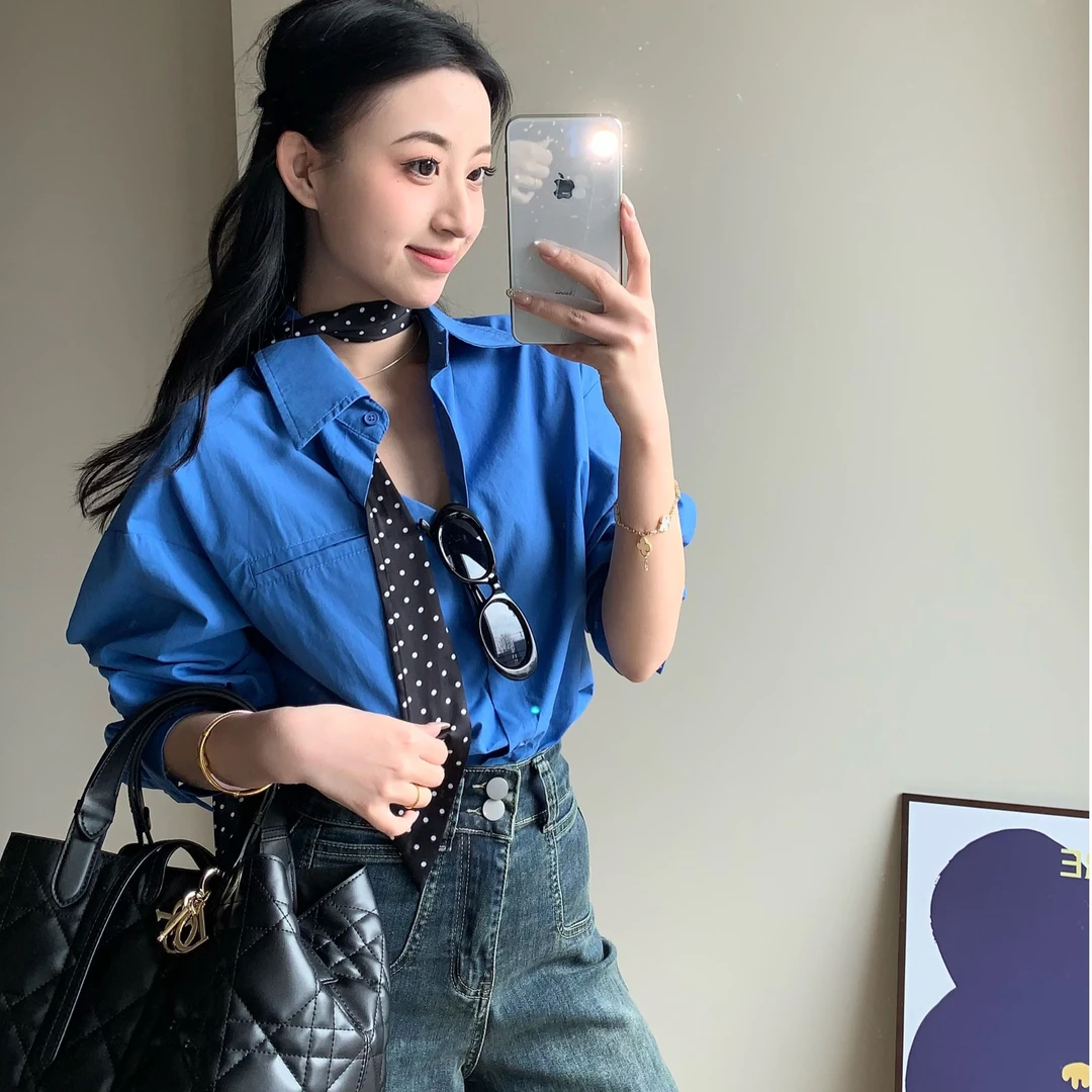 fiveweeks 克莱因蓝宽松休闲长袖衬衫打底通勤百搭纯棉外套男女