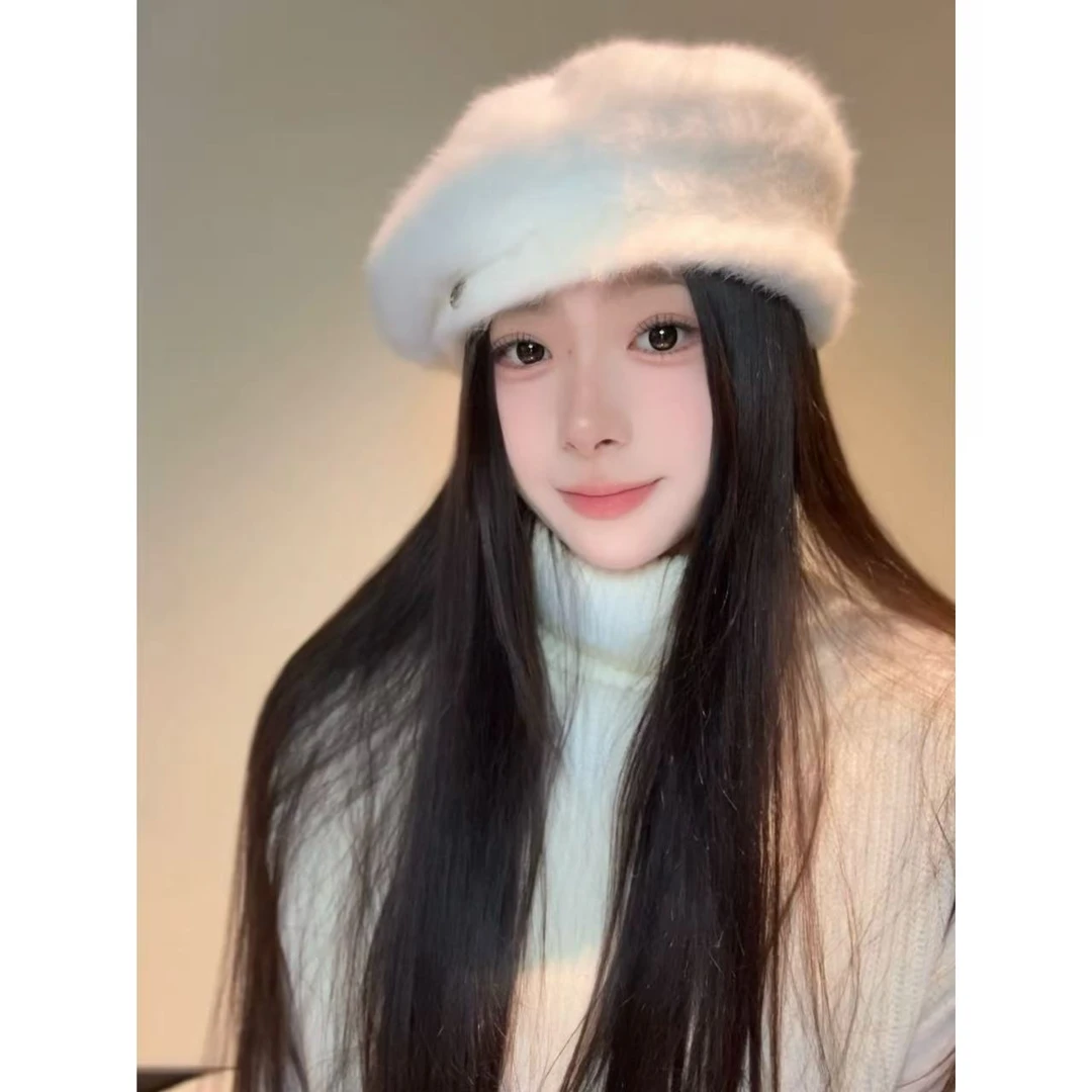 秋冬女时尚贝雷帽帽子女款复古韩系百搭毛绒圆顶氛围感千金风女款