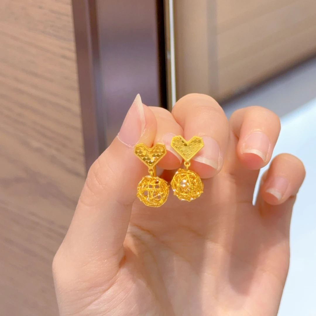 【诗诗精选】足金999 5G精品镂空球爱心耳钩