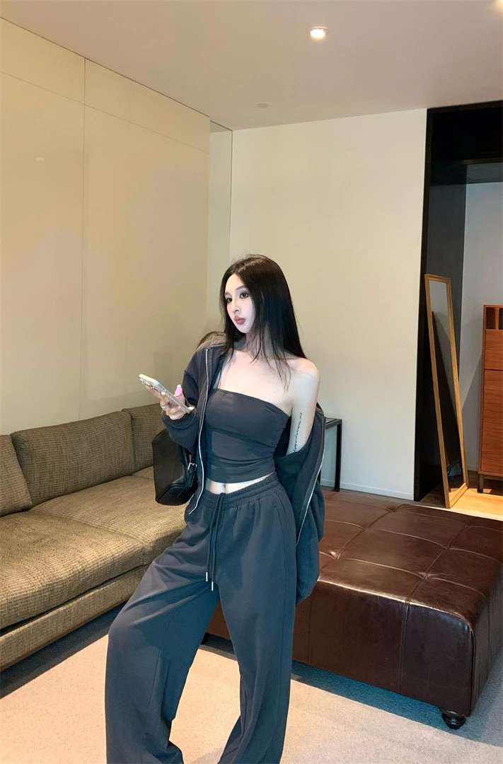 美式复古气质辣妹抹胸小众慵懒宽松卫衣上衣开衫外套套装