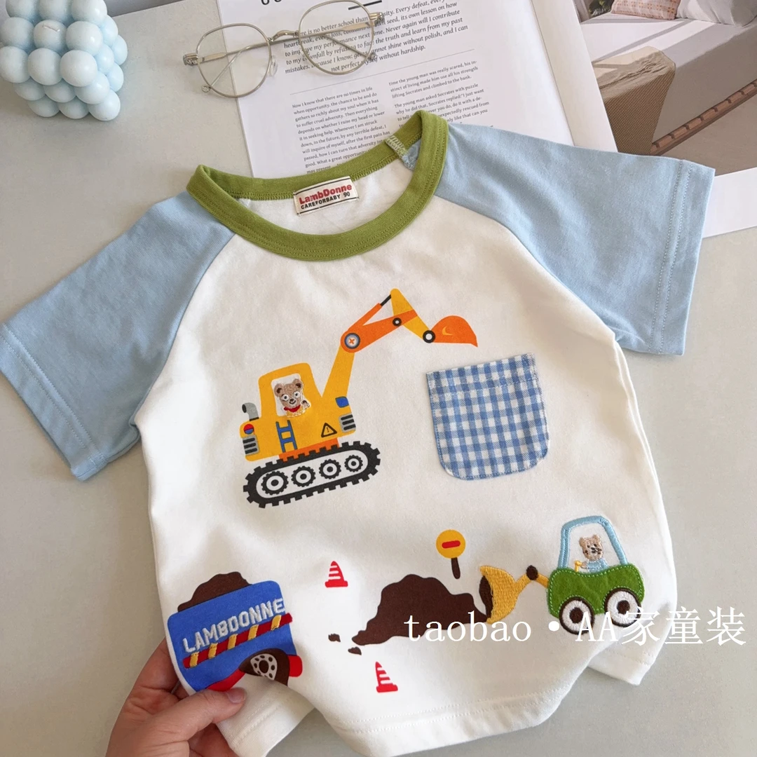 日系童装！春季新品男童挖掘机 可爱宝宝上衣薄款半袖T恤儿童短袖