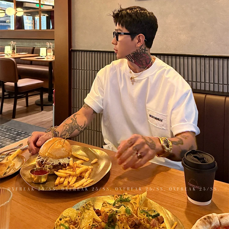 OXFREAK 「拼接贴布绣花」320g重磅纯棉短袖t恤男宽松圆领半截袖