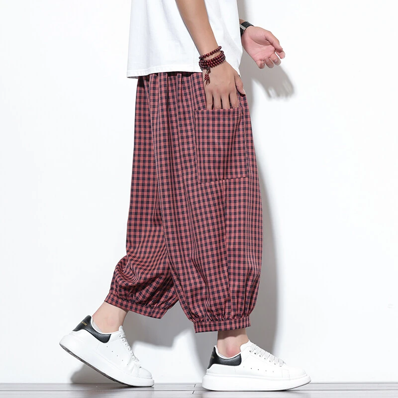 大码胖子灯笼裤男士格子七分裤夏季薄款垂感冰丝裤宽松7分哈伦裤