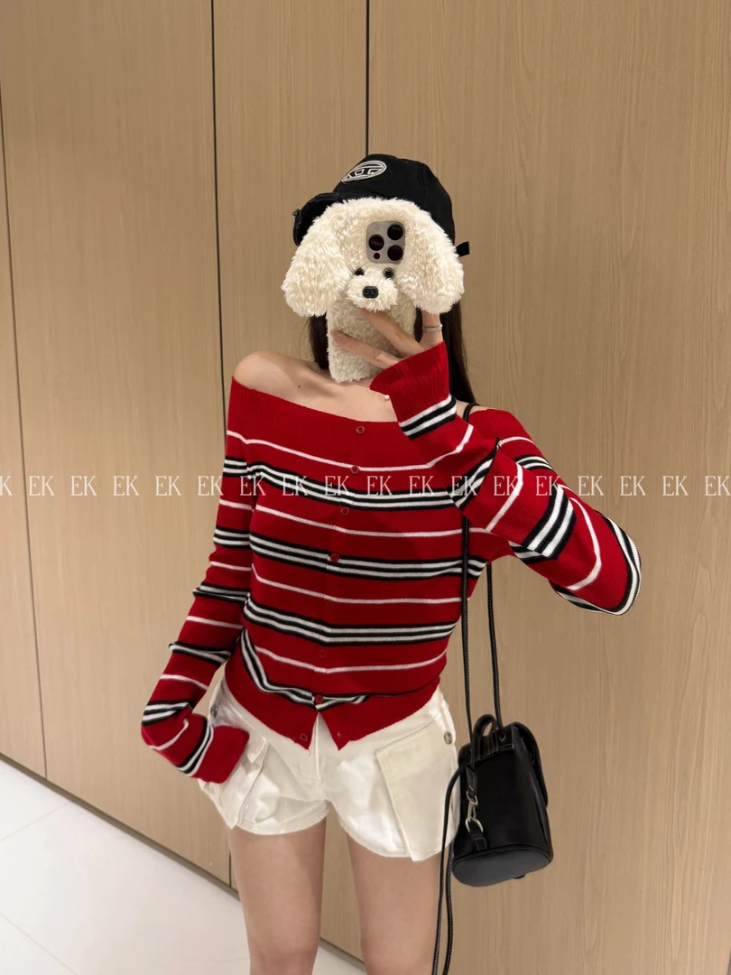 秋冬氛围感条纹一字肩羊毛针织衫秋季新款条纹撞色百搭上衣286