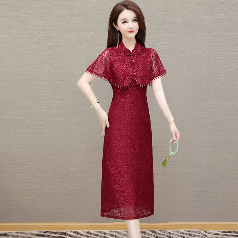 连衣裙蕾丝礼服气质夏季婚宴婚礼妈妈装显瘦高贵洋气时尚红色修身