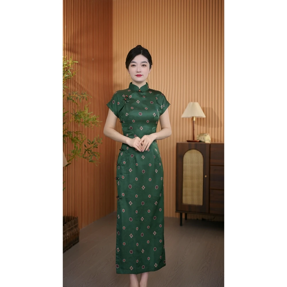 【雅绿】全开襟衣长125夏季新款古法短袖长款高档旗袍