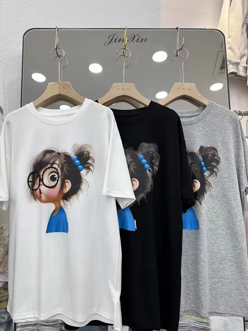 新款2025夏季美式大码潮牌女款t恤人物印花小众上衣打底衫潮2港风