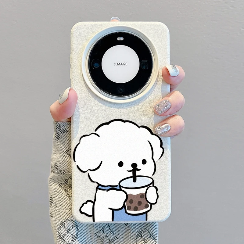 奶茶小白狗适用华为Mate60Pro手机壳皮纹P50/40创意苹果15个性防