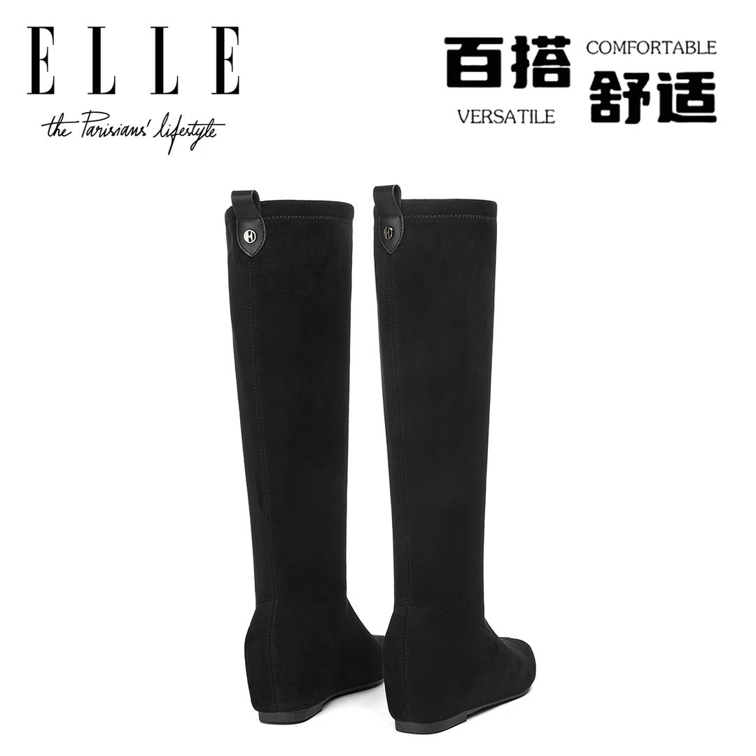 ELLE真皮绒面过膝靴女英伦风平底小方头弹力瘦瘦靴内增高显瘦长靴