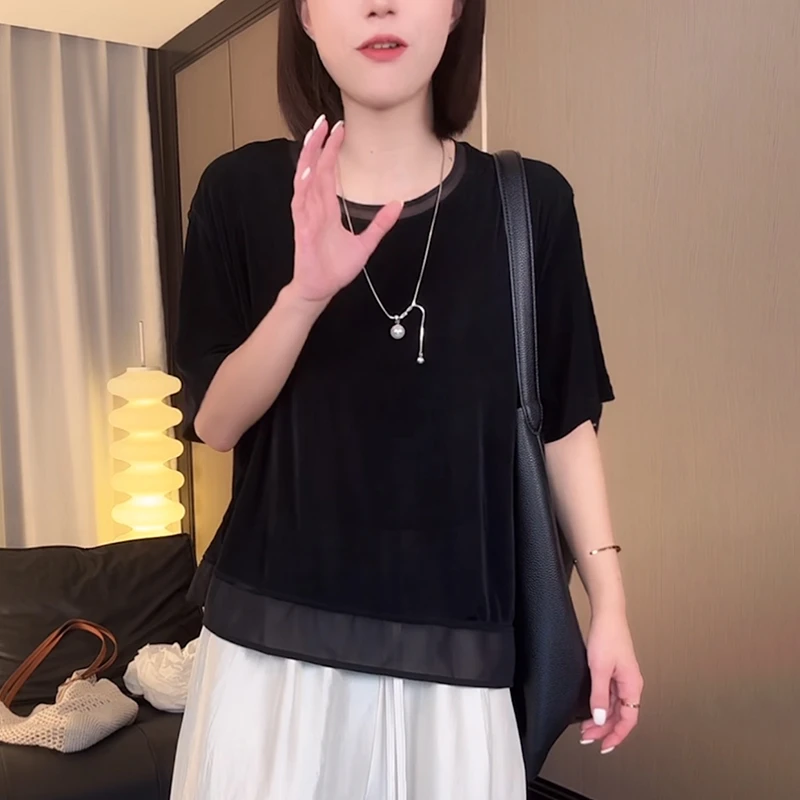 网纱醋酸黑色t恤女2025夏季时尚减龄宽松显瘦设计感短袖薄款上衣