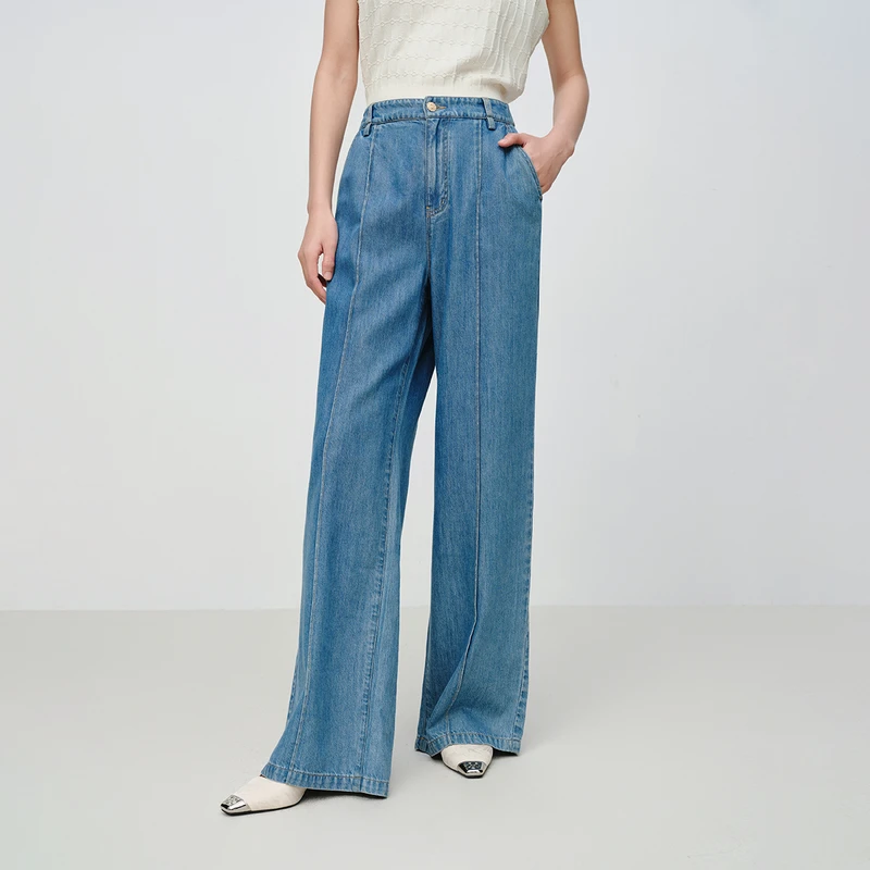 EP雅莹2025新款女装 设计感轻薄垂感牛仔阔腿直筒裤J619A
