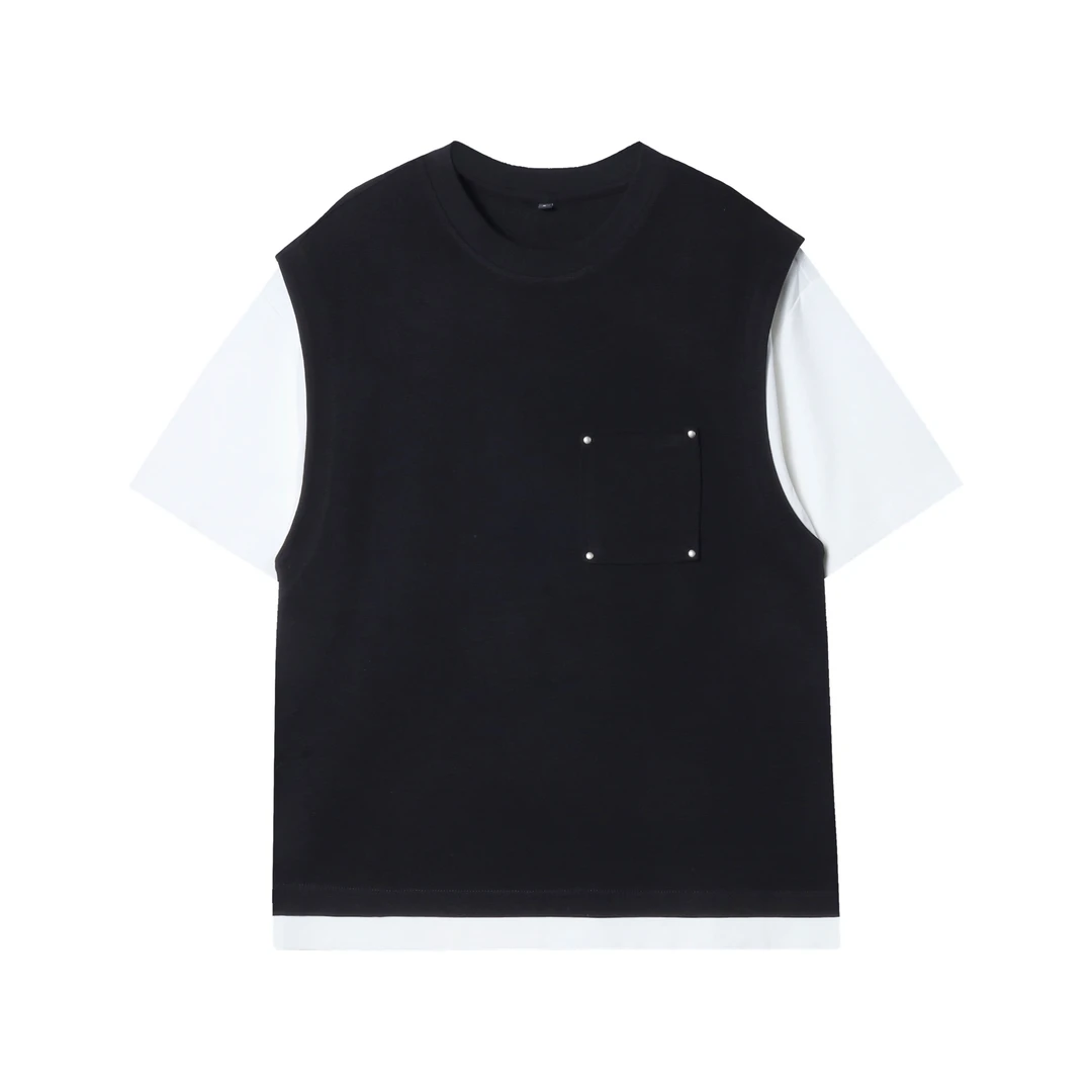 T921时尚新款拼接男女同款短袖潮流假两件休闲上衣简约宽松T恤